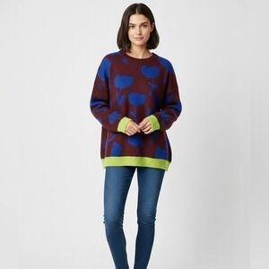 SCOTCH & SODA Crewneck Tulip Intarsia Pullover Sweater Burgundy Blue Large